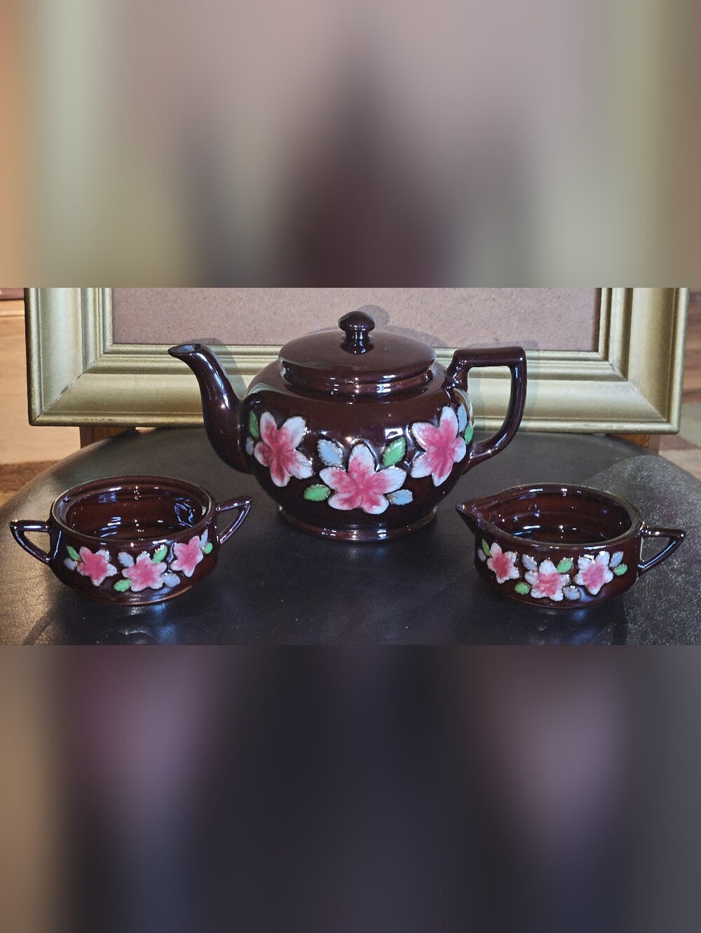 Royal Canadian Art Pottery Brown Ceramic Teapot w/white flowers Set